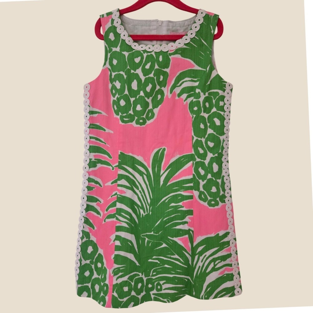Lilly Pulitzer Girls Pink Green Pineapple Shift Dress White Lace Trim Size 8
